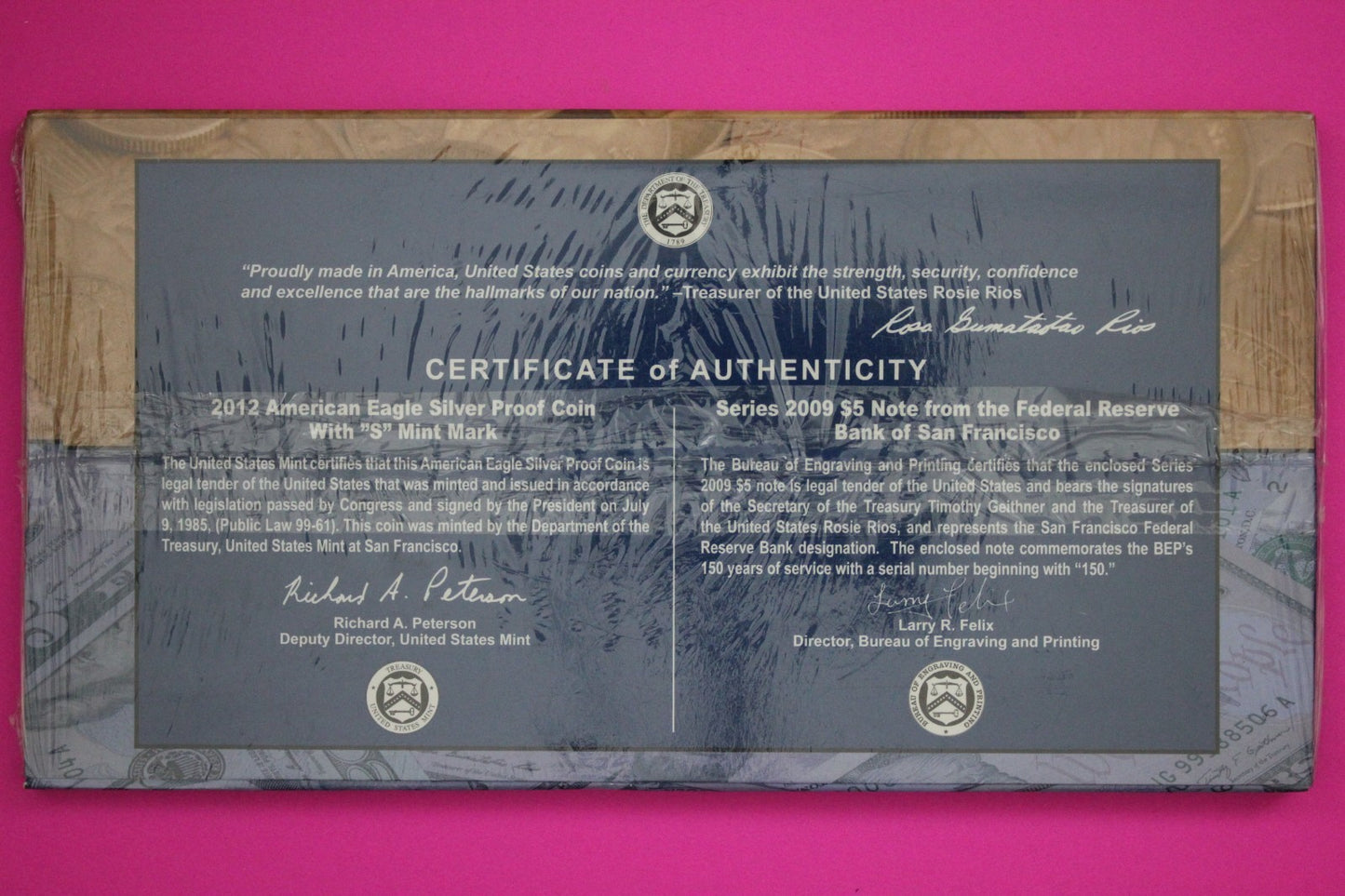 Mint Sealed 2012 Coin & Currency Set Proof 1 OZ Silver Eagle & $5 Note COA 9016