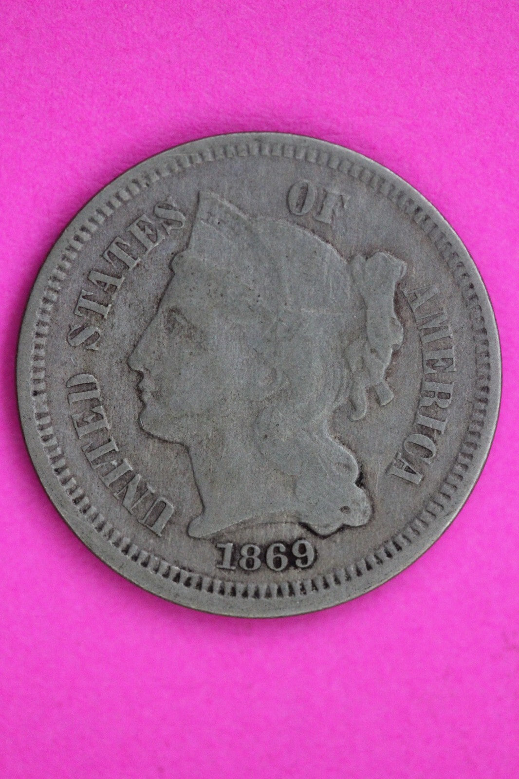 1869 Three 3 Cent Nickel Scarce Type Coin Guaranteed Authentic & Genuine 0721N