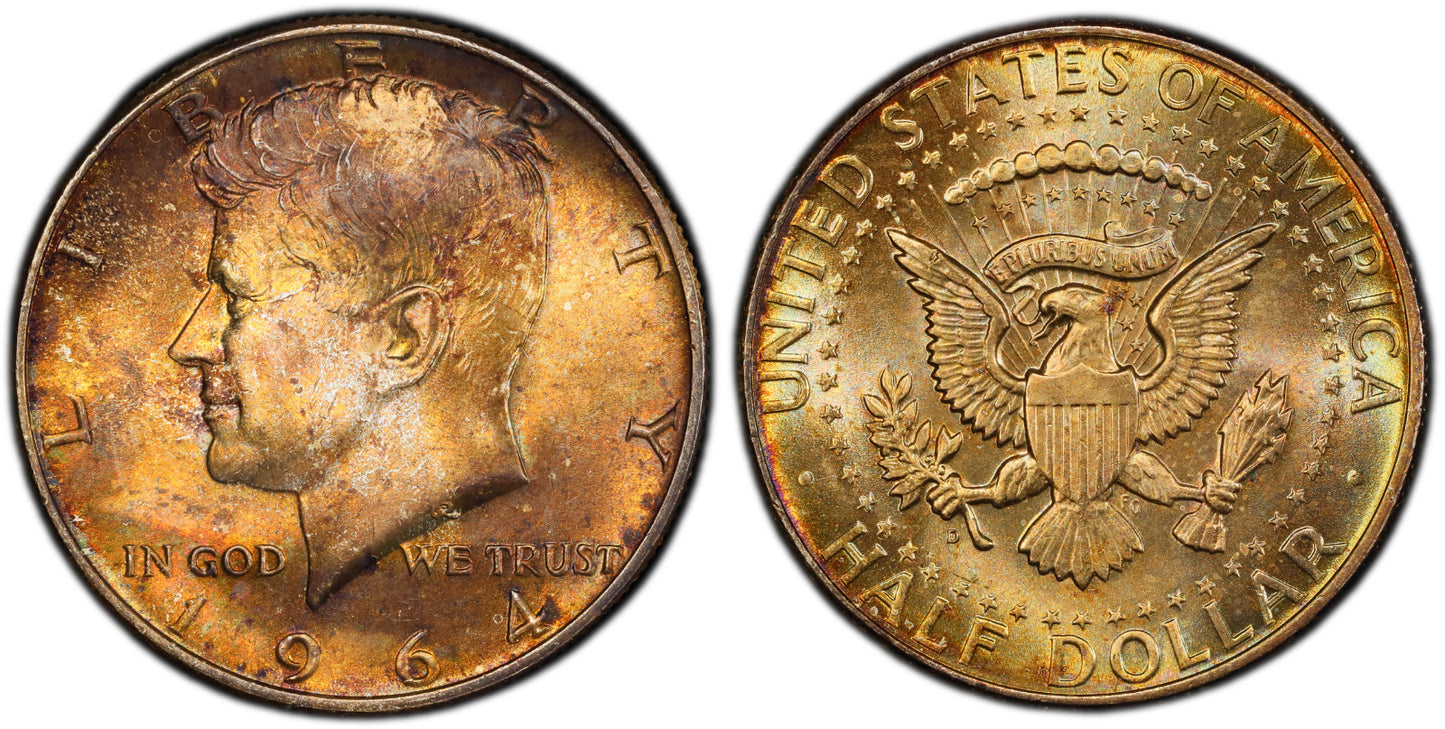 Rainbow Toned 1964 D MS 66 John F Kennedy Silver Half Dollar PCGS Graded 162