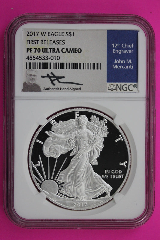 2017 W PF 70 Silver American Eagle Mercanti Signature NGC Authentic Graded 510