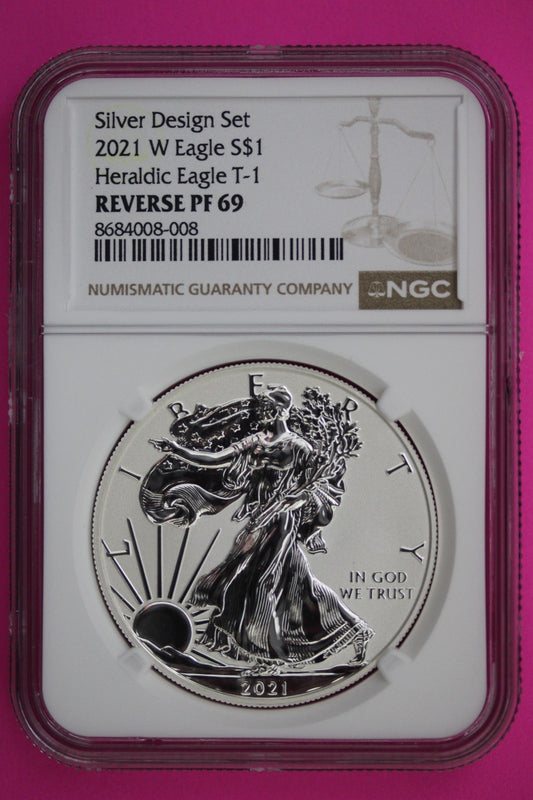 2021 W T1 Reverse Proof Silver Eagle PF 69 One Coin From Design Set NGC Slab 84