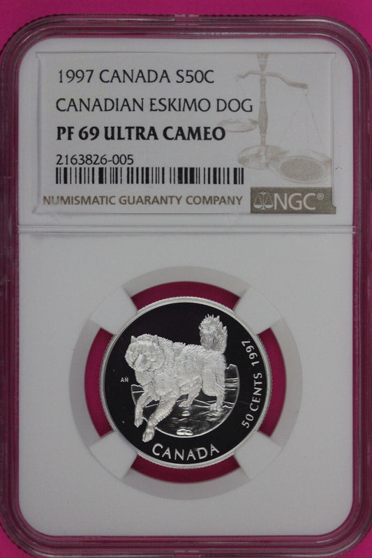 1997 PF 69 Ultra Cameo Canada Canadian Eskimo Dog Silver 50c NGC Slab 1051