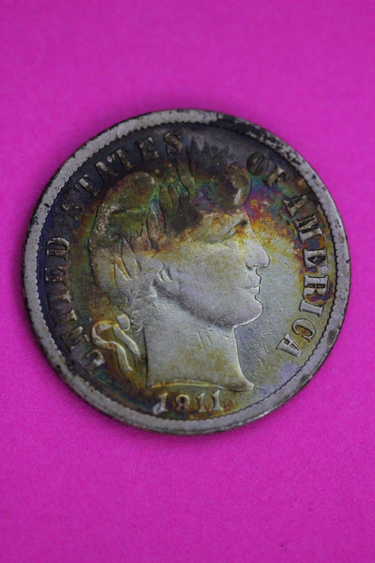 Rainbow Toned 1911 D Barber Liberty Dime Silver Coin Guaranteed Authentic 1102