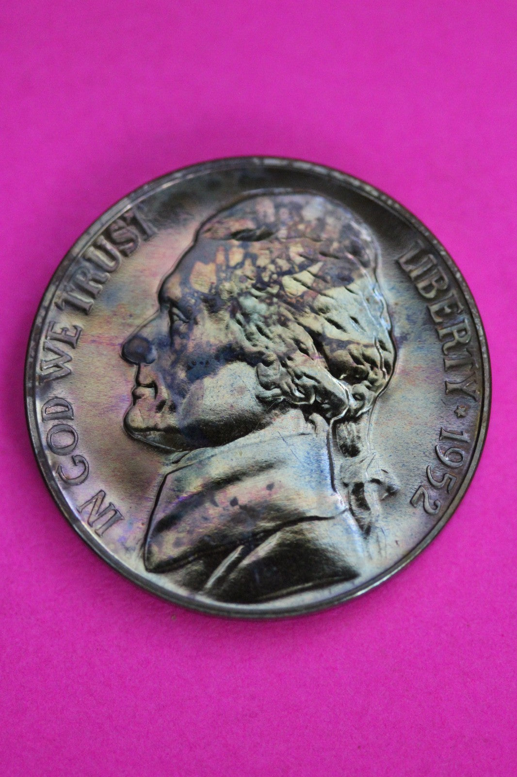 Rainbow Toned 1952 Proof Thomas Jefferson Nickel Guaranteed Authentic Coin 1801