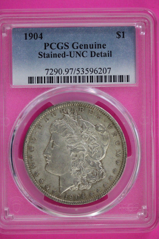 1904 P Uncircualted Details Liberty Morgan Silver Dollar Stained PCGS Slab 76