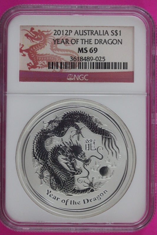 2012 P MS 69 Australia Year Of The Dragon $1 Silver Coin NGC Slab 964