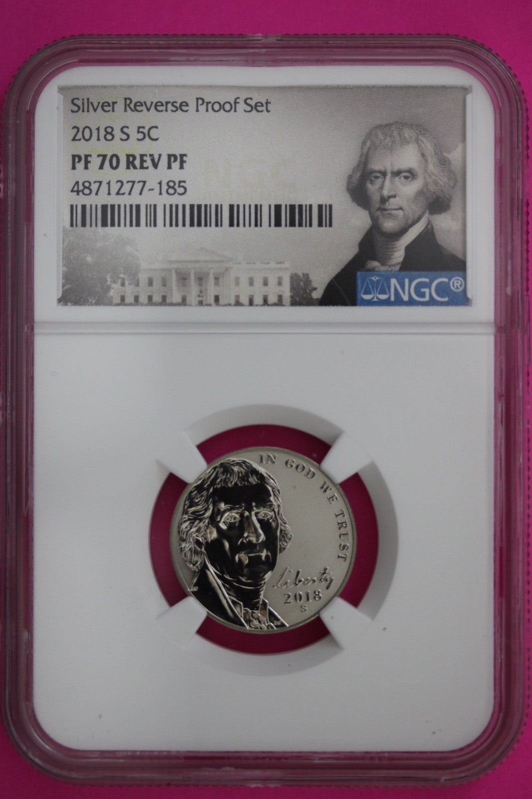 2018 S PF 70 Reverse Proof Jefferson Nickel 1 Coin From a Proof Set NGC Slab 313