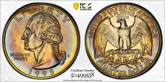 Toned 1995 D MS 66 Washington Quarter PCGS Graded Certified Authentic Slab 102
