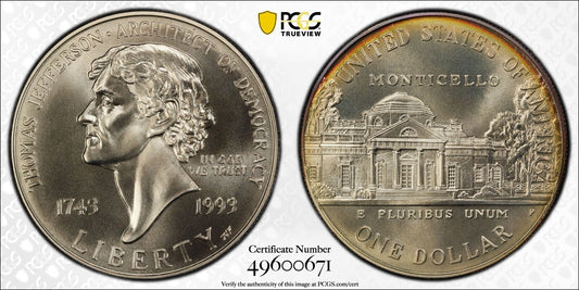 Toned 1993 P MS 69 Jefferson Commemorative Silver Dollar PCGS Graded Slab 435