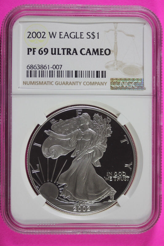 2002 W PF 69 Silver American Eagle Deep Cameo Authentic Proof Coin NGC Slab 1029