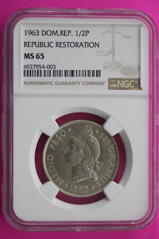 1963 MS 65 Dominican Republic 1/2 Peso Silver Coin NGC Certified Graded Slab 160