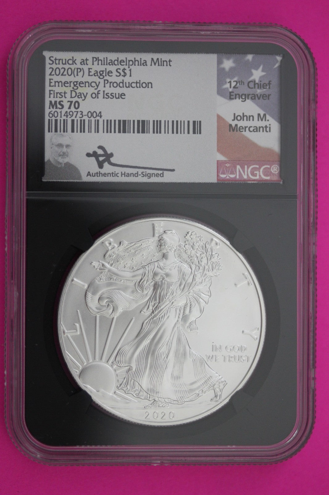 2020 (P) MS 70 Silver Eagle Mercanti Signature Emergency Issue NGC Certified 248