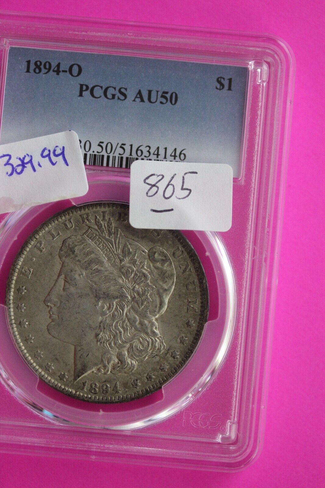 1894 O AU 55 Liberty Morgan Silver Dollar PCGS Certified Authentic Slab 865