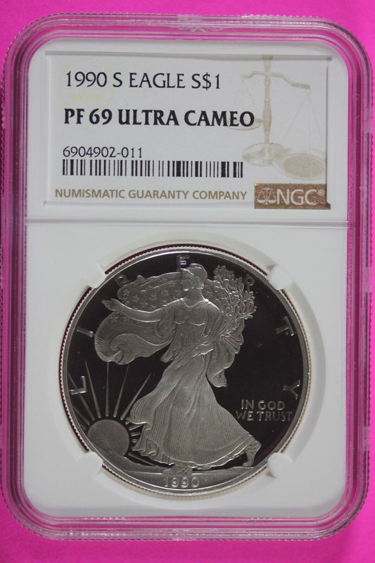 1990 S PF 69 Silver American Eagle Deep Cameo Authentic Proof Coin NGC Slab 1036