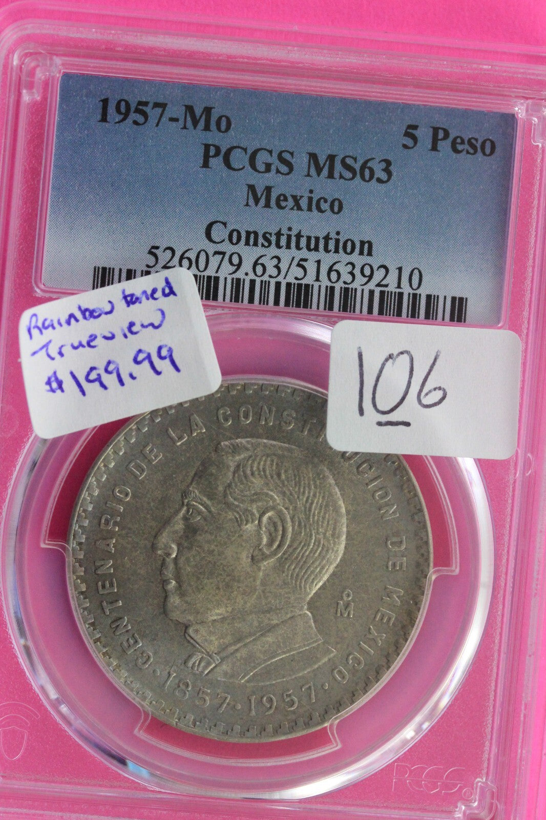 Toned 1957 MS 63 Mexico Constitution Silver Coin 5 Pesos PCGS Certified Slab 106