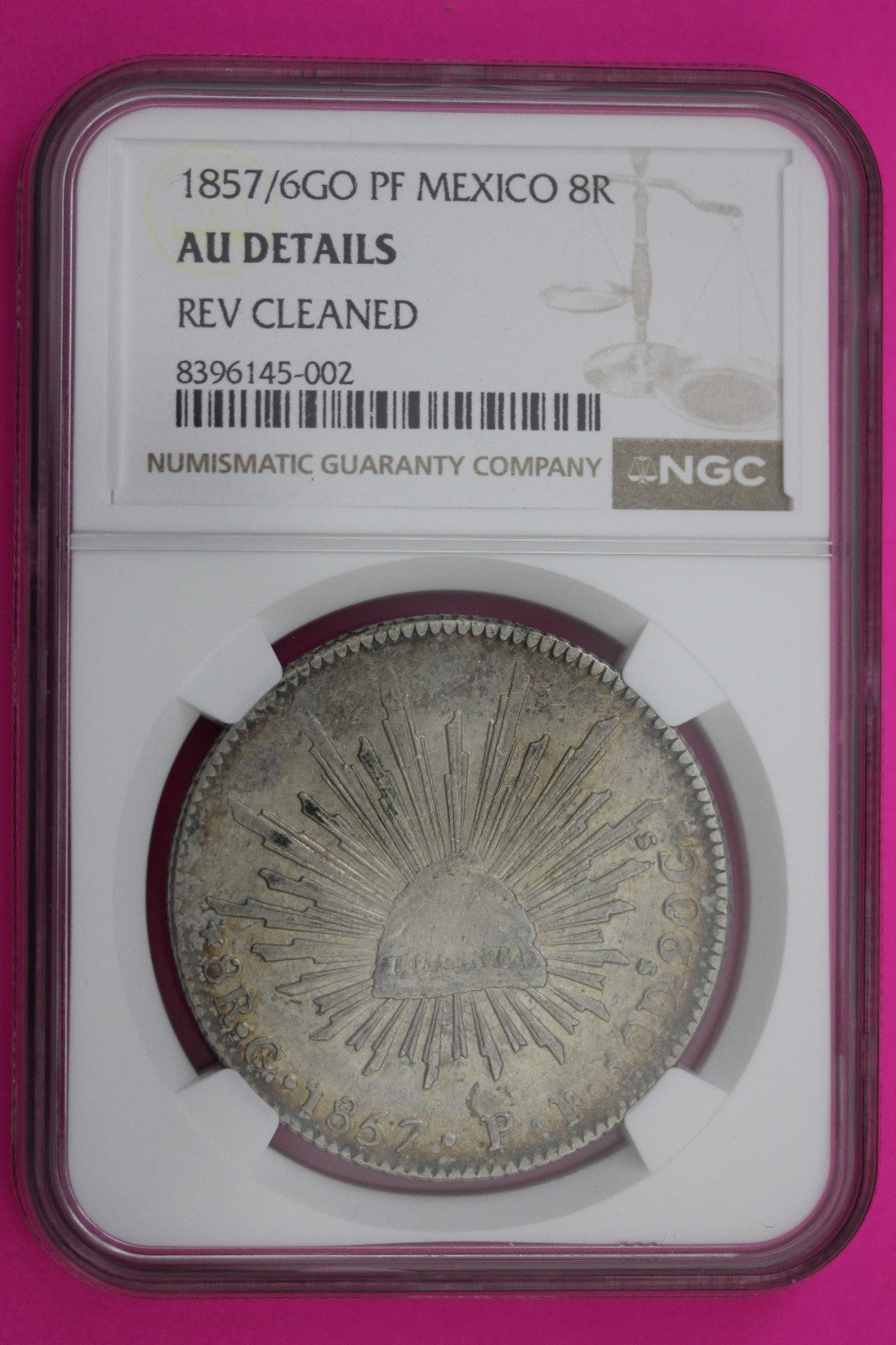 1857 6GO P Mexico 8 Reales AU Details Rev Cleaned NGC Authentic Graded Slab 582