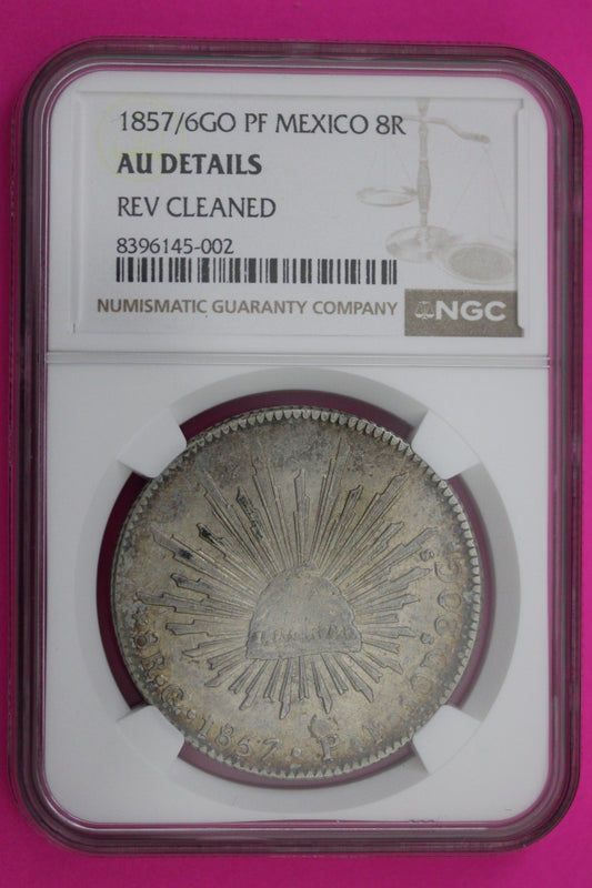 1857 6GO P Mexico 8 Reales AU Details Rev Cleaned NGC Authentic Graded Slab 582