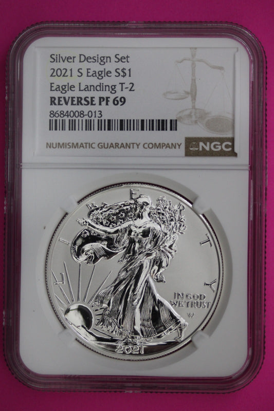 2021 S T2 Reverse Proof Silver Eagle PF 69 One Coin From Design Set NGC Slab 63