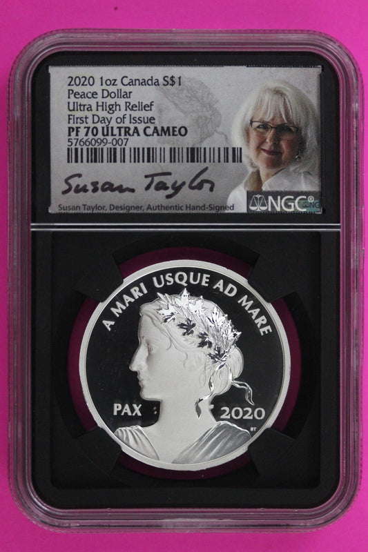 2020 PF 70 Canada Ultra Hi Relief Peace Dollar Taylor Sig 1 OZ Silver NGC 6141