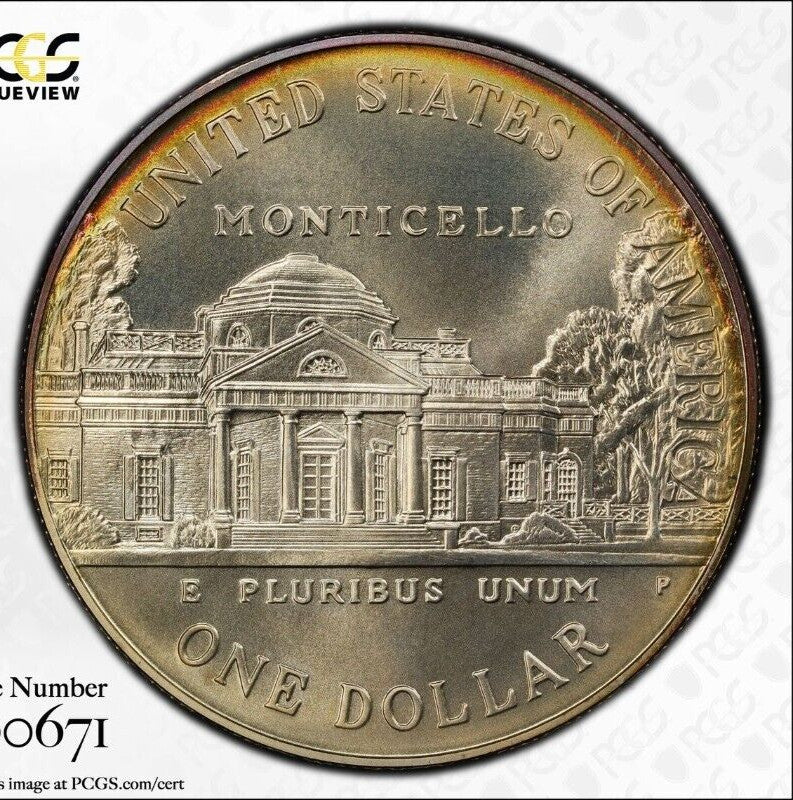 Toned 1993 P MS 69 Jefferson Commemorative Silver Dollar PCGS Graded Slab 435