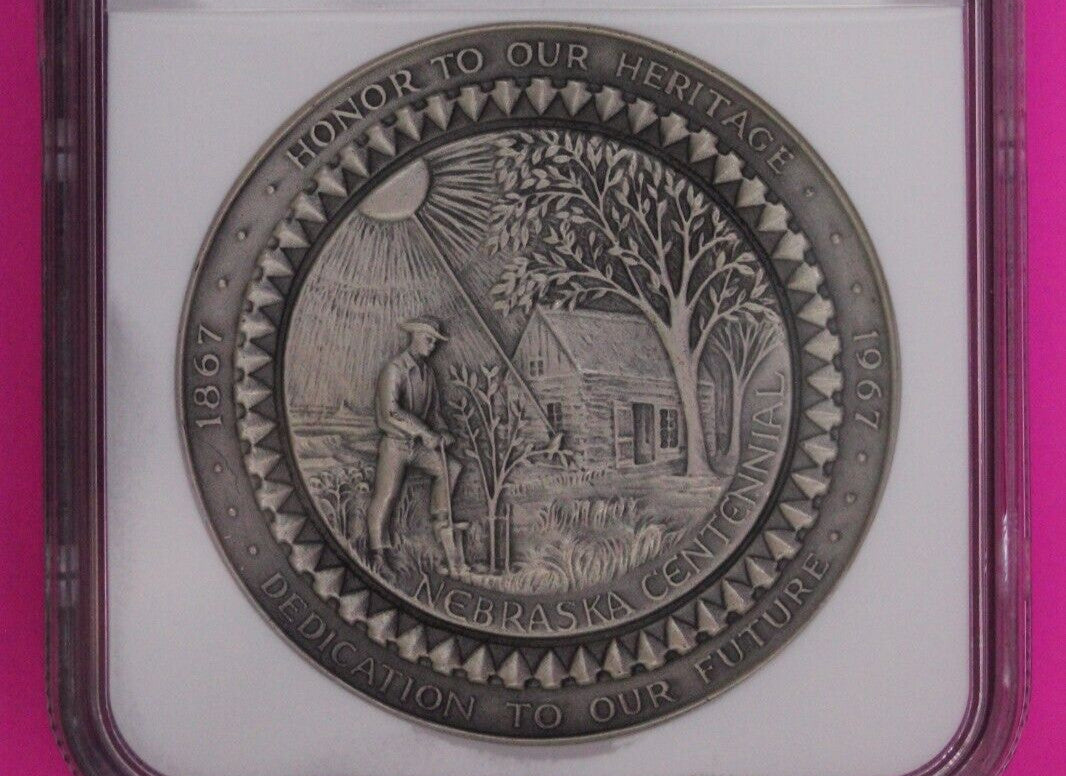 Antiqued 1967 MS 69 Nebraska Centennial Medallic 1.9 Ounce Silver Medal NGC 6045