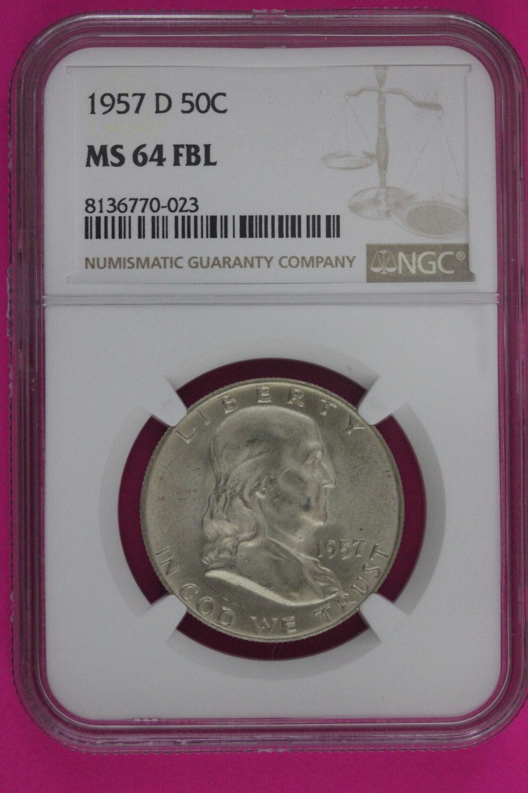 Full Bell Lines 1957 D MS 64 FBL Ben Franklin Half Dollar Silver Coin NGC 780