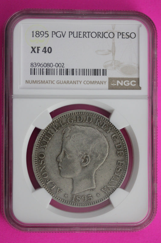 1895 PGV Puerto Rico XF 40 Peso Silver Coin NGC Certified Graded Authentic 654