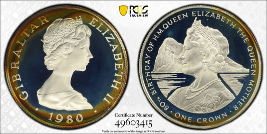 1980 PR 68 DCAM Crown Gibraltar  PCGS Queen Elizabeth 80th Birthday Silver 538