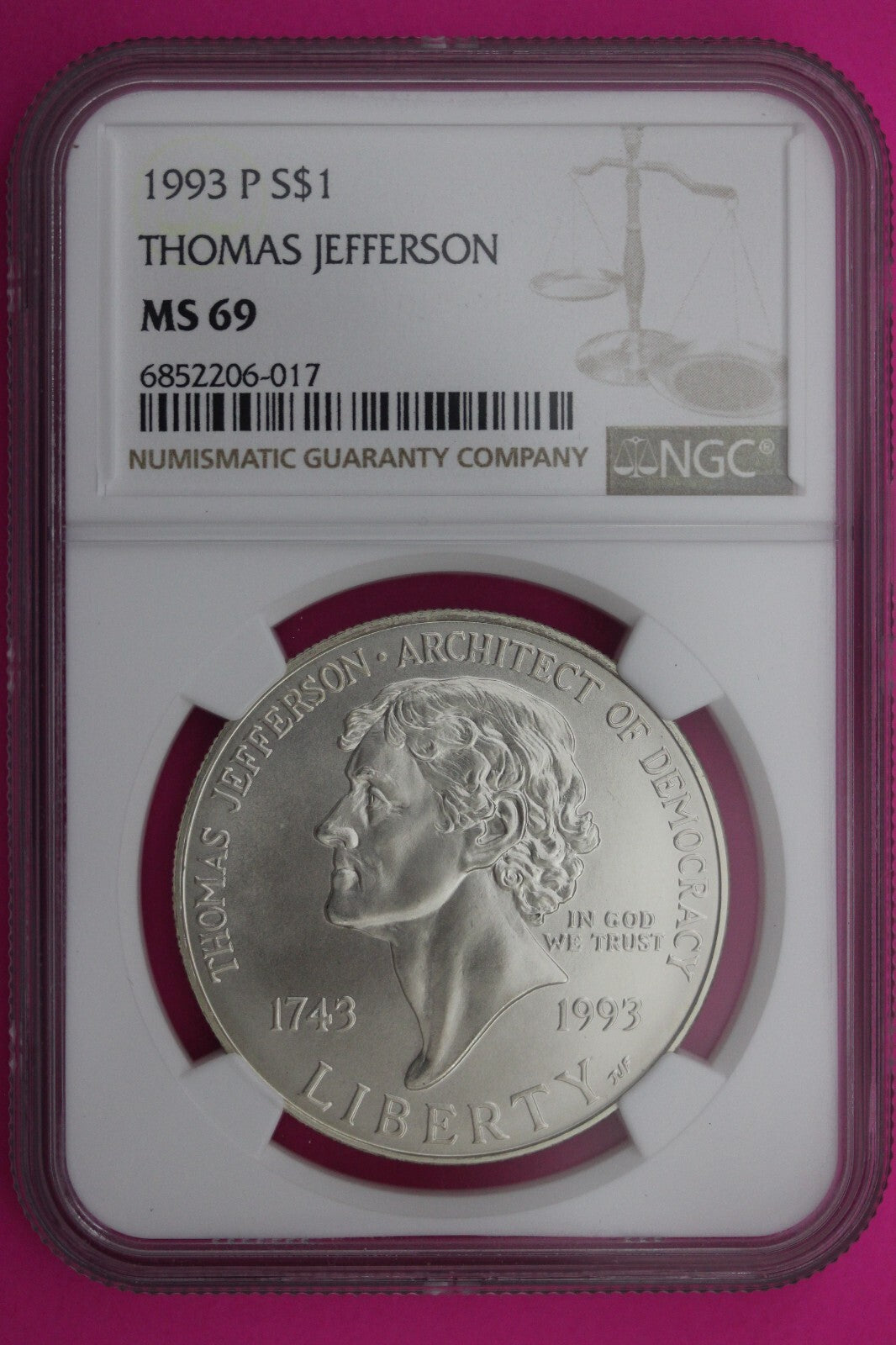 1993 P MS 69 BU Thomas Jefferson Commemorative Silver Dollar NGC Certified 296
