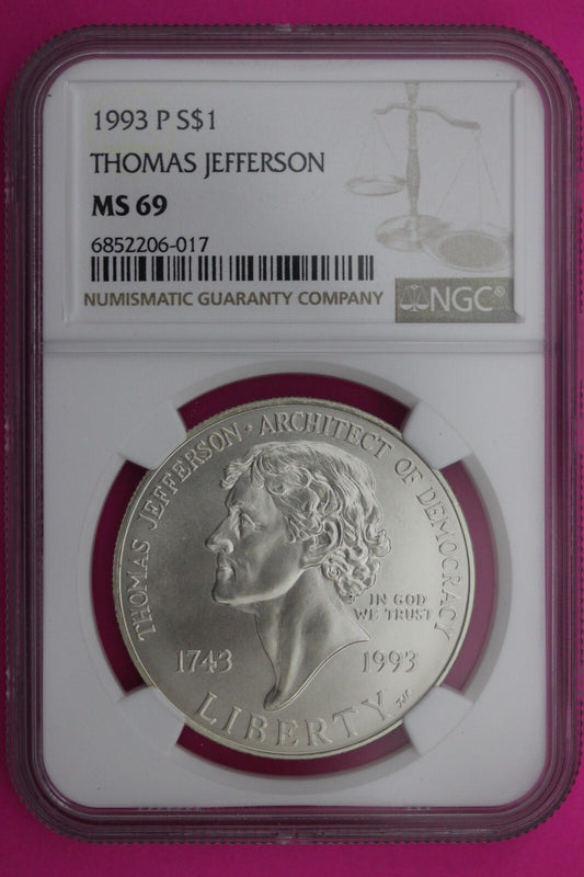 1993 P MS 69 BU Thomas Jefferson Commemorative Silver Dollar NGC Certified 296