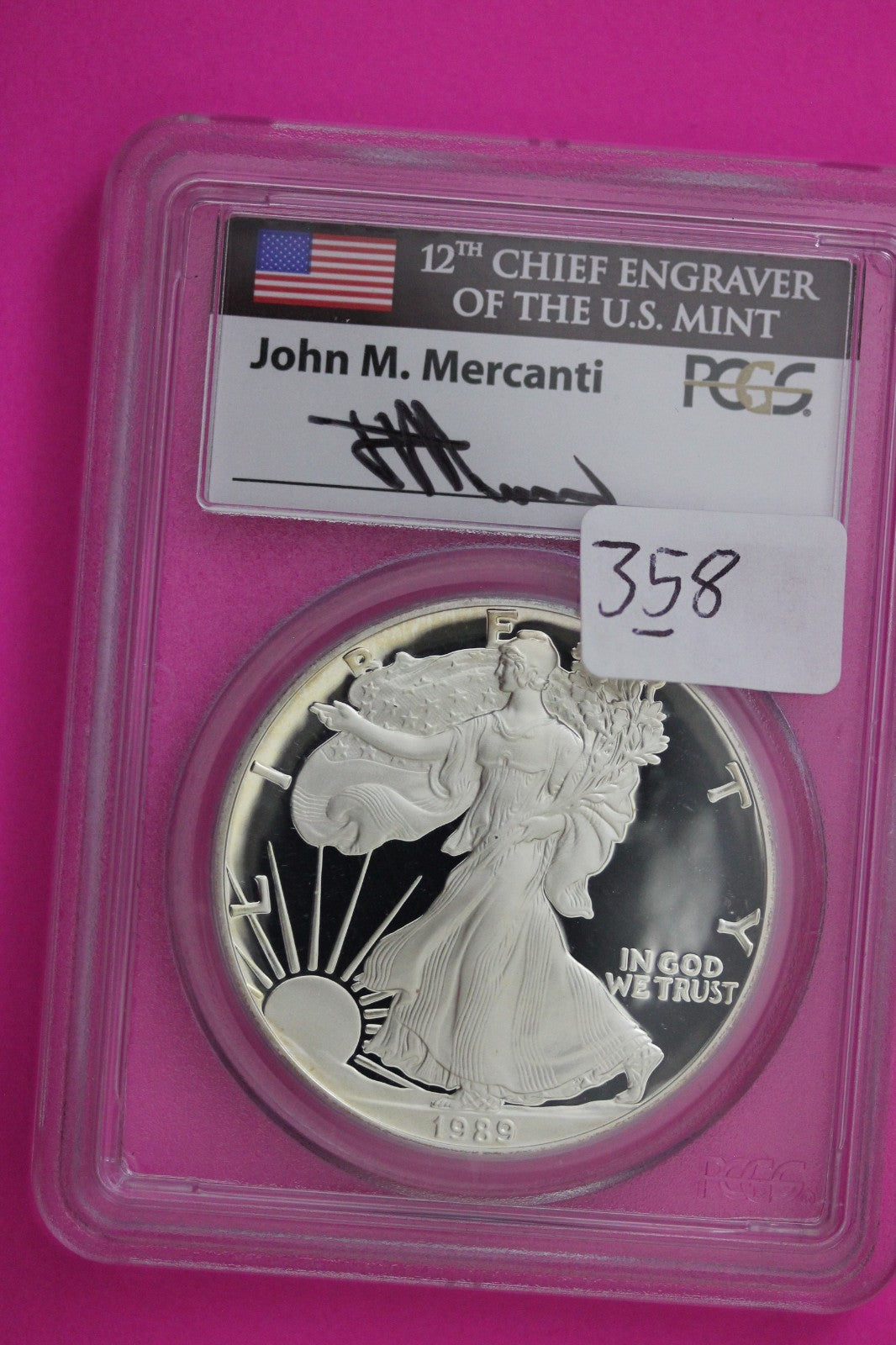 1989 S PR 70 Silver American Eagle Mercanti Signature PCGS Certified Slab 358