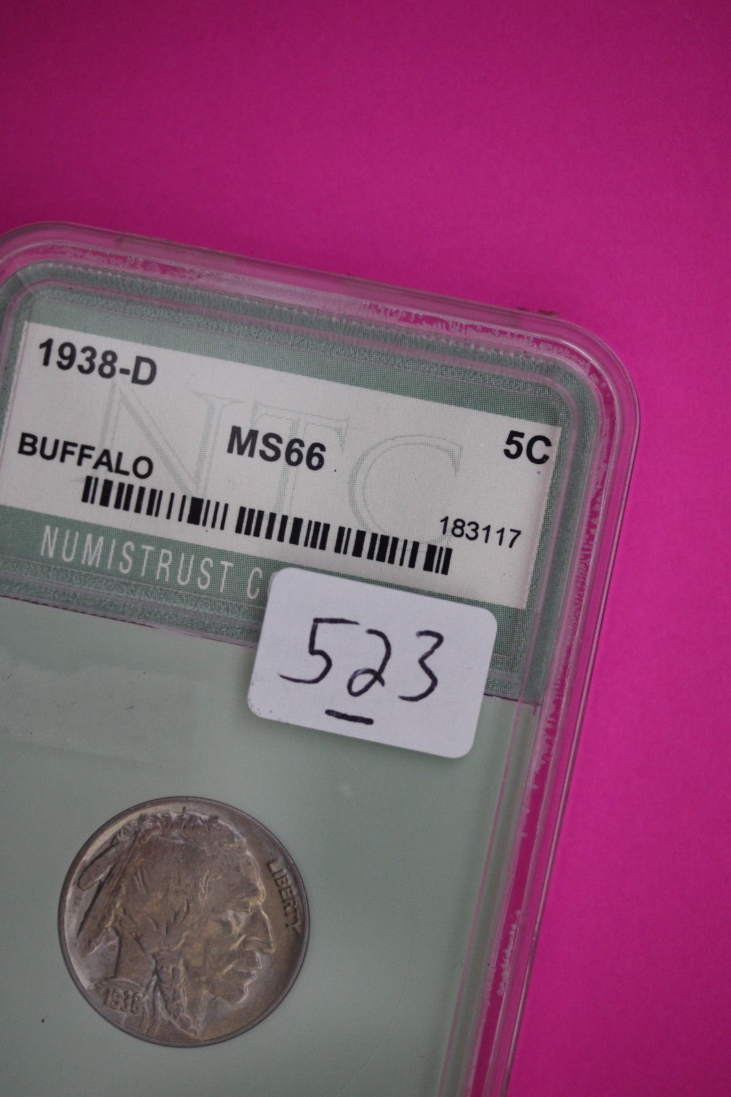 Toned Gem Uncirculated 1938 D Buffalo Nickel Guaranteed Authentic Coin Slab 523