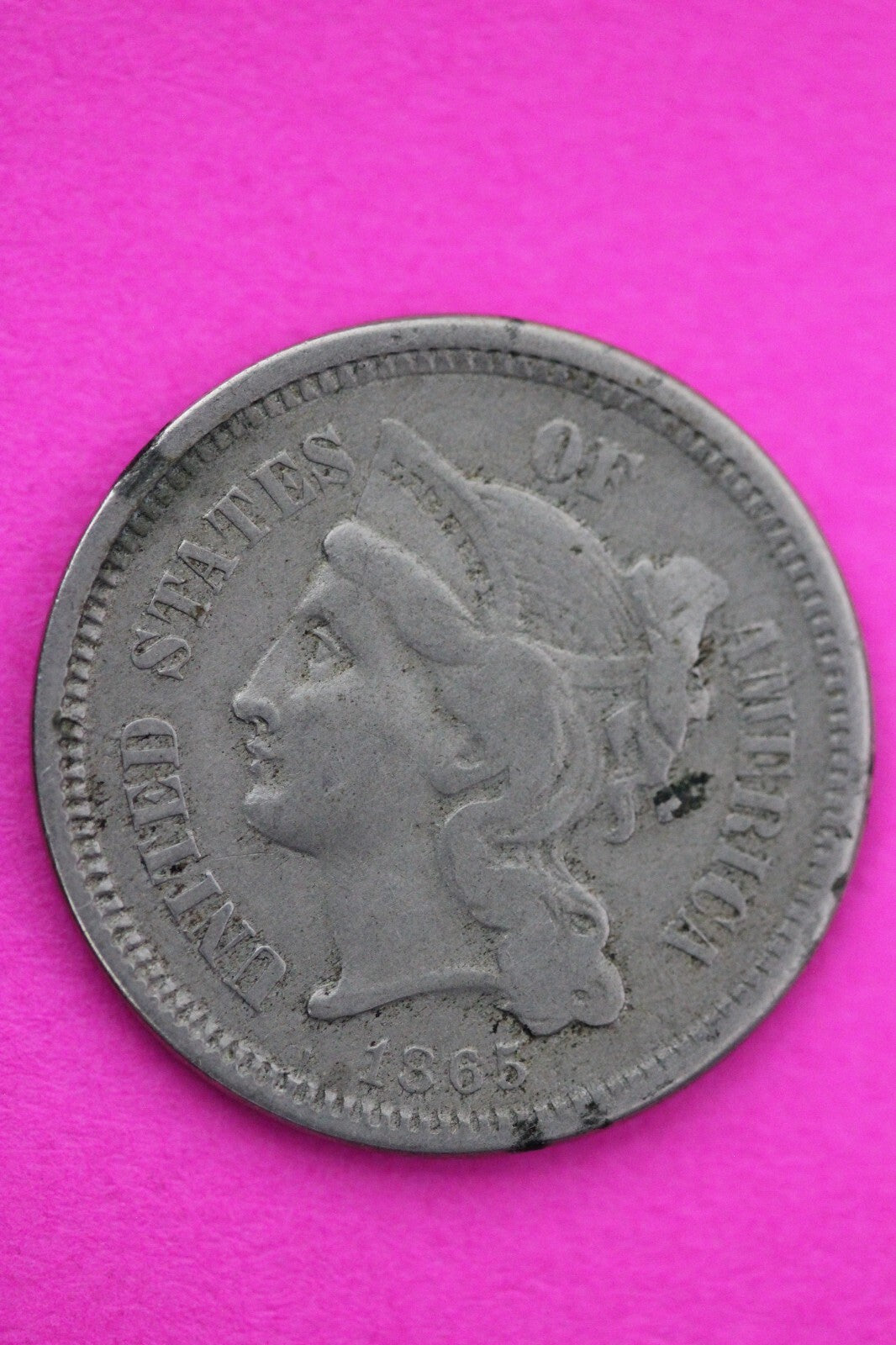 1865 Three 3 Cent Nickel Scarce Semi Key Date Type Coin Philadelphia Mint 95