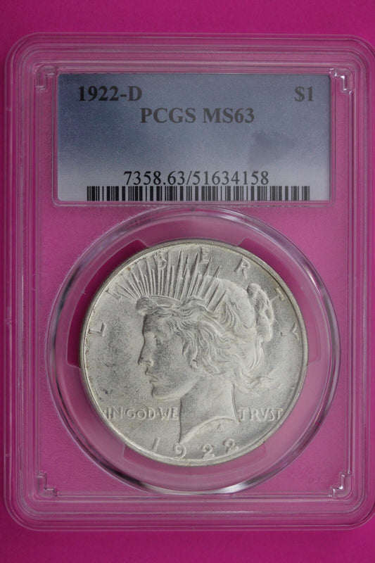 1922 D MS 63 Liberty Peace Silver Dollar PCGS Certified Authentic Graded 378