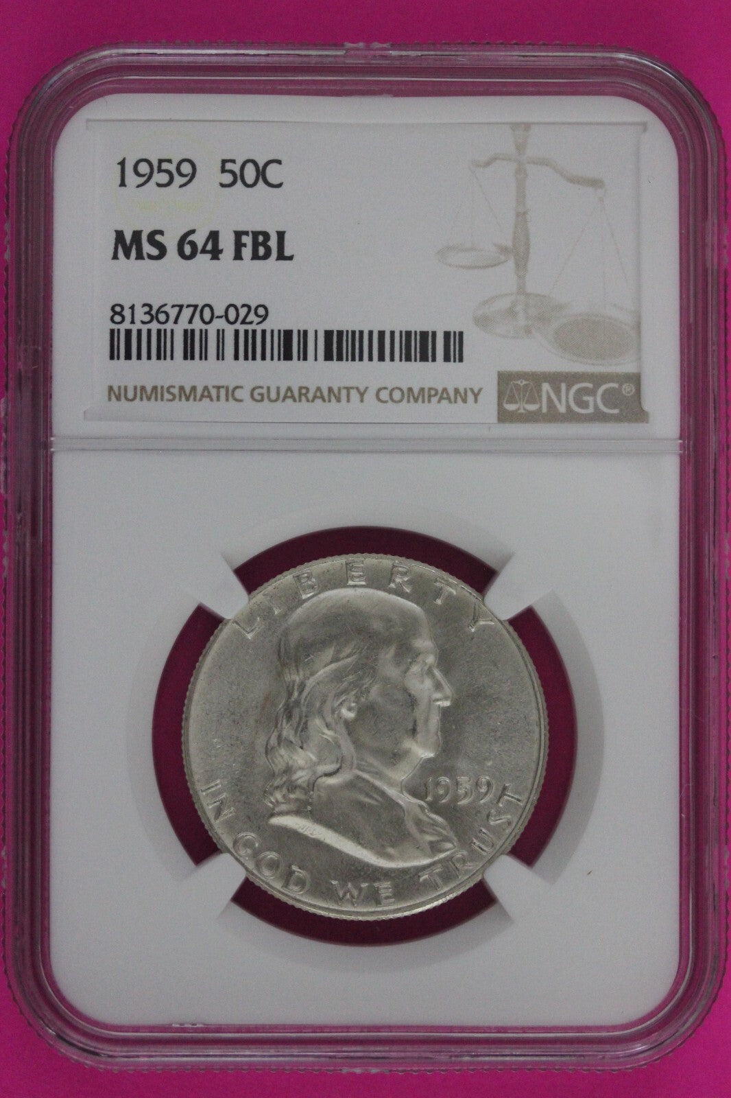 Full Bell Lines 1959 P MS 64 FBL Ben Franklin Half Dollar Silver Coin NGC 797