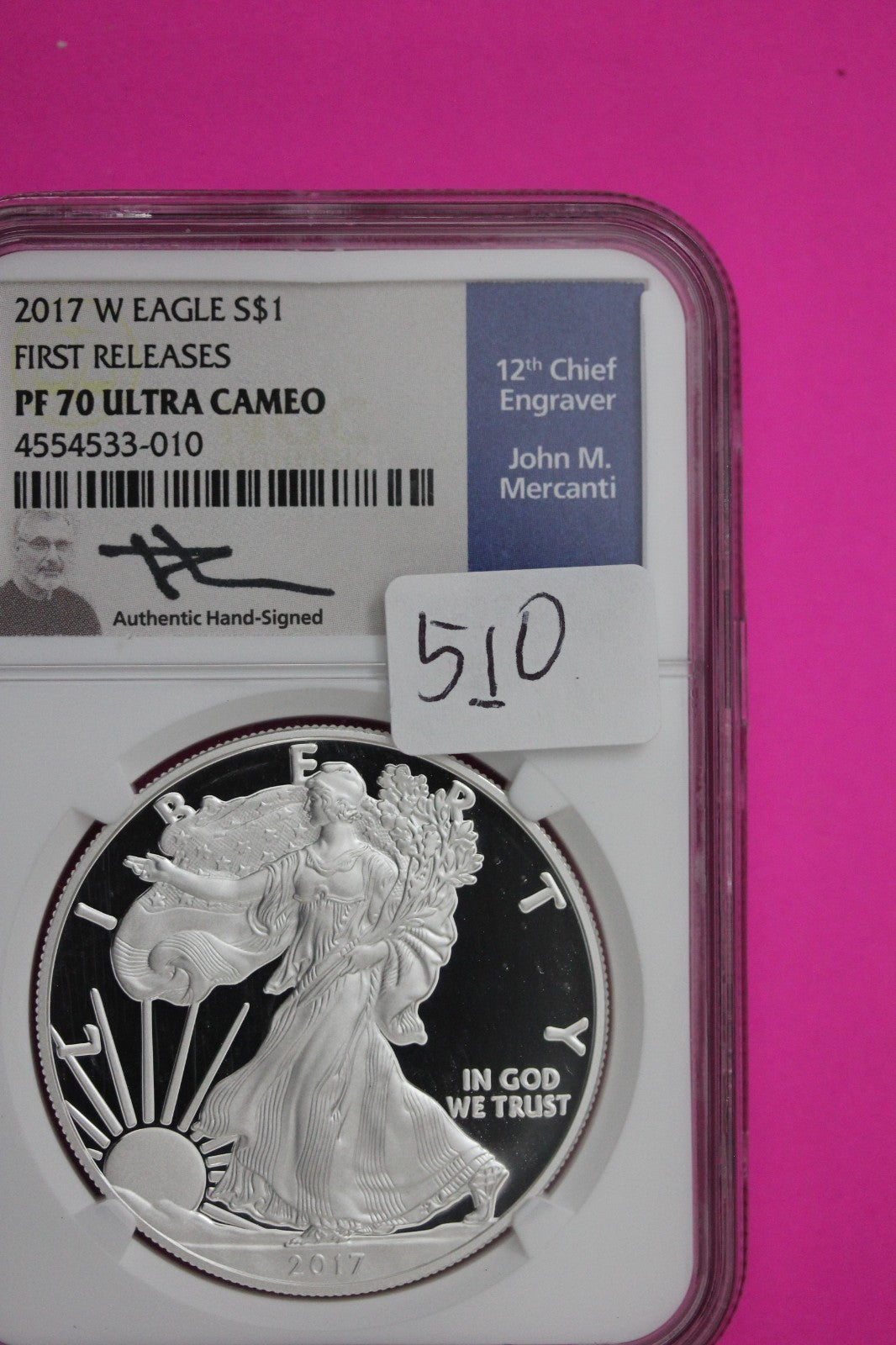 2017 W PF 70 Silver American Eagle Mercanti Signature NGC Authentic Graded 510