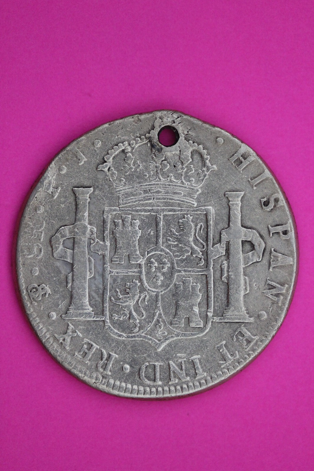 1808 Bolivia Spanish 8 Reales King Carolus IIII Silver Coin Pendant Holed 13
