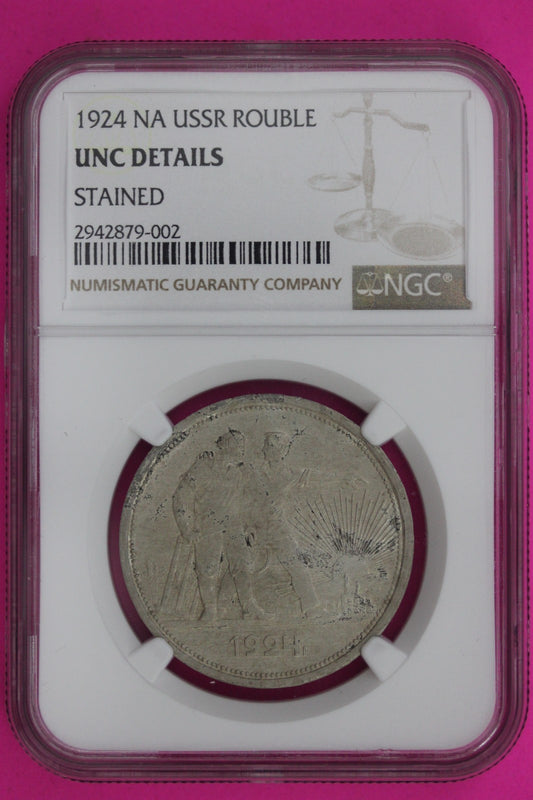 1924 Unc Details USSR Rouble Stained NGC Certified Authentic Genuine Slab 1313