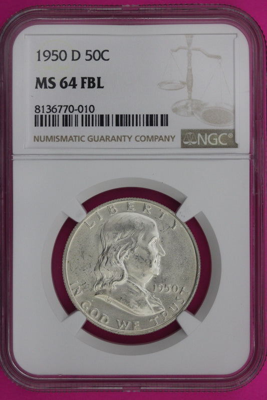 Full Bell Lines 1950 D MS 64 FBL Ben Franklin Half Dollar Silver Coin NGC 954