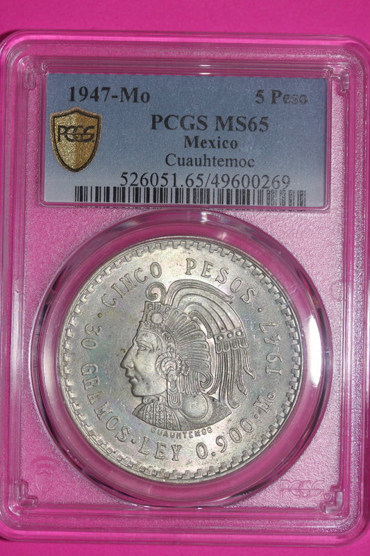 Toned 1947 MS 65 Mexico Cuahtemoc 5 Peso PCGS Certified Graded Authentic 1211