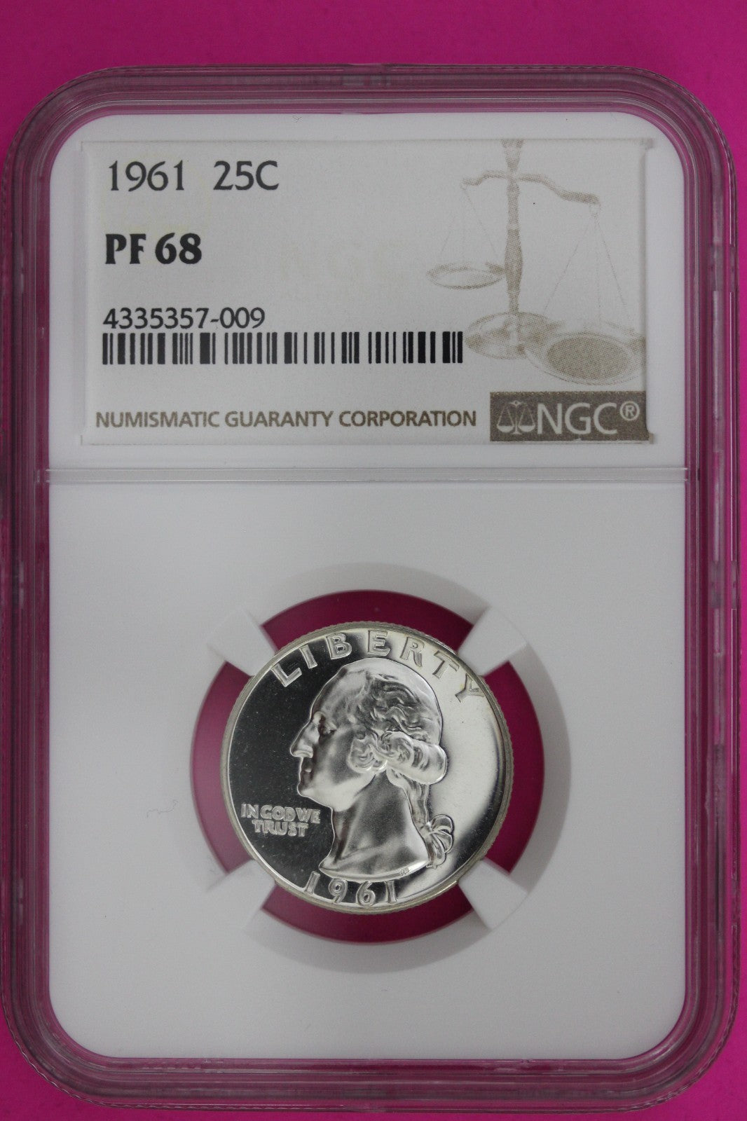 1961 PF 68 Proof Washington Silver Quarter NGC Certified Graded Authentic 1354