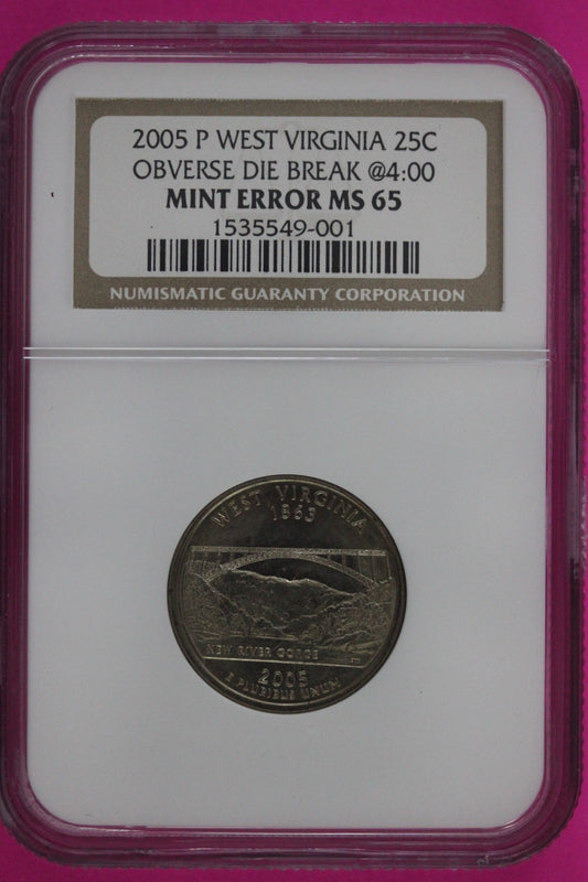 Mint Error Reverse Die Break 2005 P MS 62 West Virginia Quarter NGC Graded 164