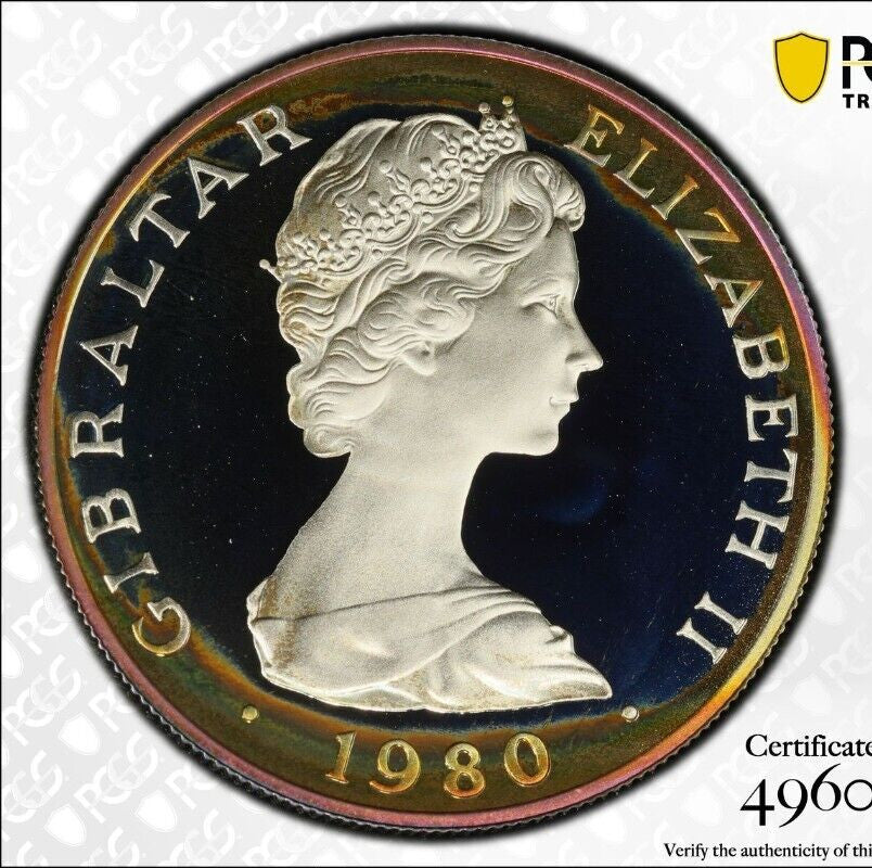 Toned 1980 MPR 68 DCAM Crown Gibraltar  PCGS Queen Elizabeth 80th Birthday 535
