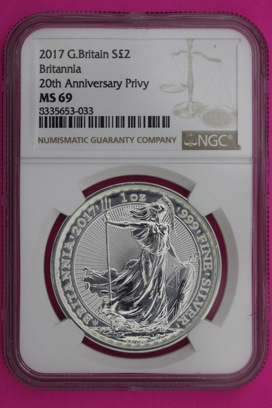 2017 MS 69 Great Britain £2 Britannia 20th Anniversary Privy NGC Graded Slab 889