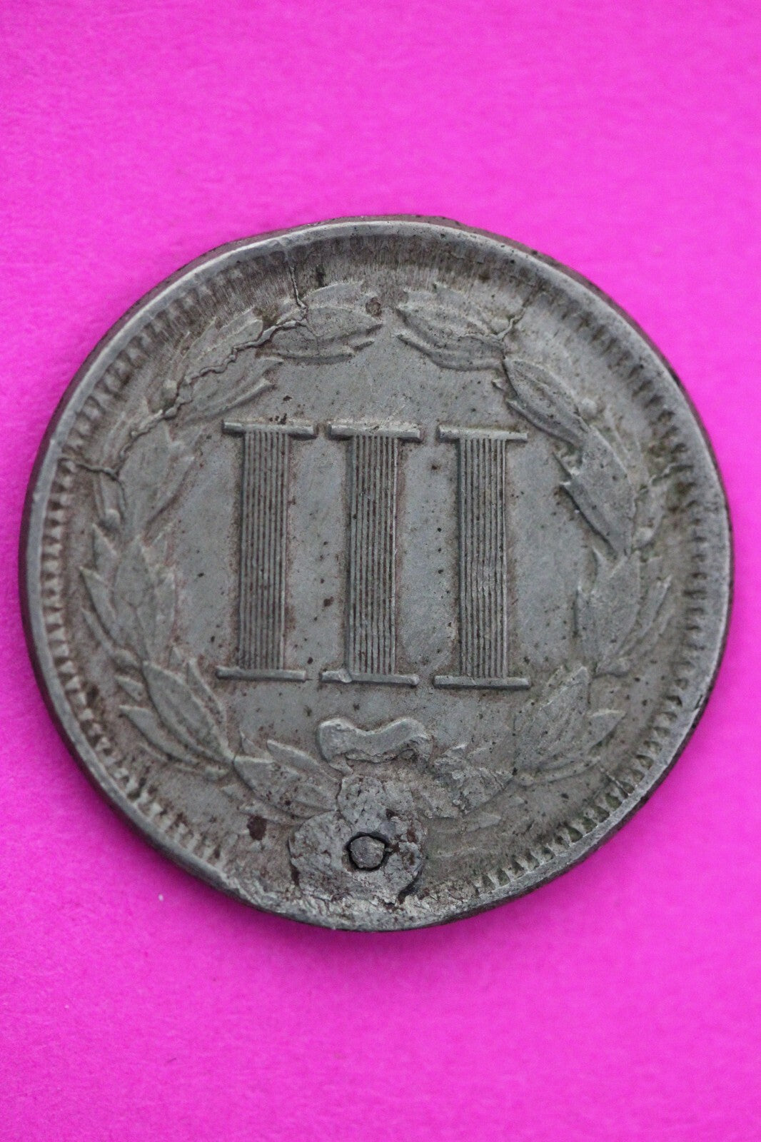 1865 Damaged Three 3 Cent Nickel Scarce Semi Key Date Coin Philadelphia Mint 45