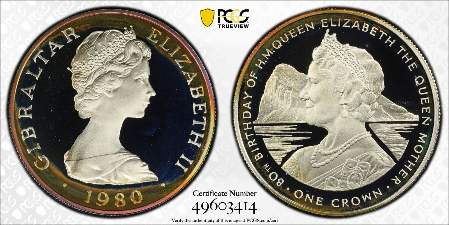 Toned 1980 MPR 68 DCAM Crown Gibraltar  PCGS Queen Elizabeth 80th Birthday 535