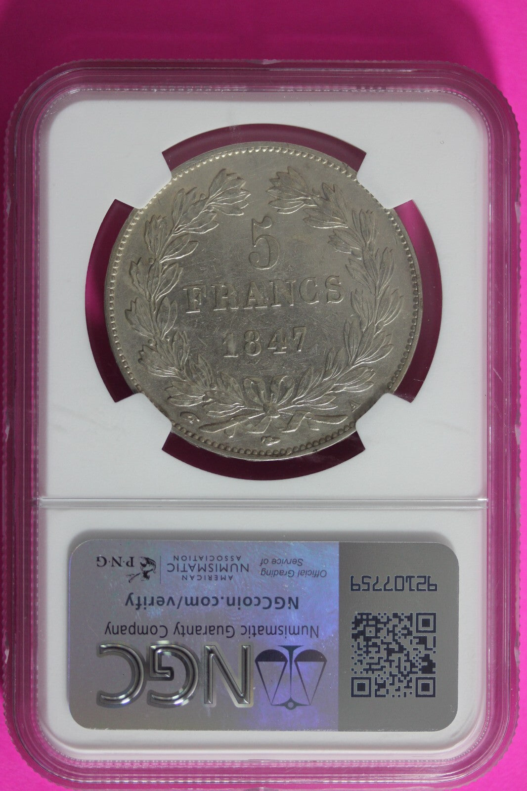 1847 AU Details France 5 Francs Silver Coin NGC Certified Authentic Slab 612