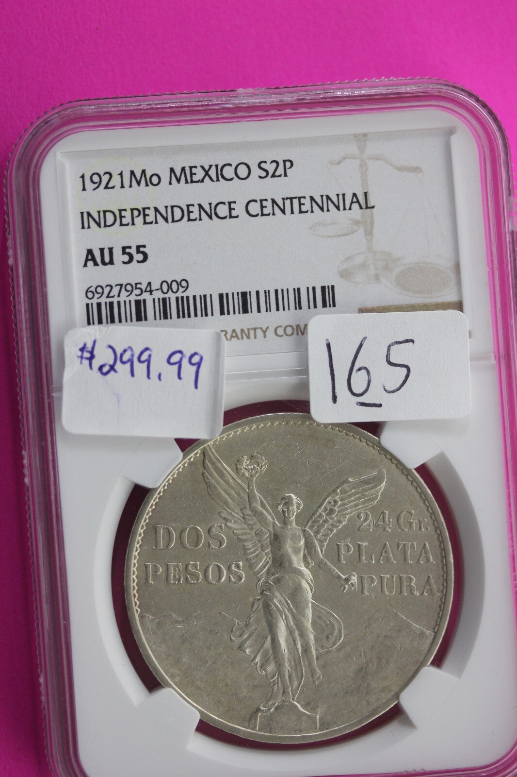1921 AU 55 Mexico 2 Pesos Silver Coin NGC Certified Graded Authentic Slab 165