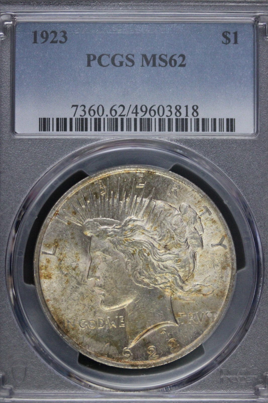 Toned 1923 P MS 62 Peace Silver Dollar PCGS Graded Certified Authentic Slab 78