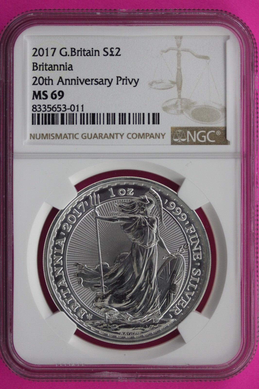 2017 MS 69 Great Britain £2 Britannia 20th Anniversary Privy NGC Graded Slab 729